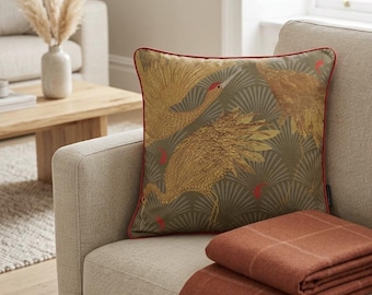 Art Deco Golden Japanese Cranes Cushion Cover with Coral Piping & Velvet Background