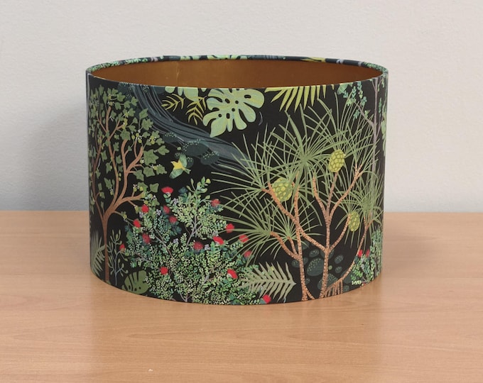 Magical Forest Lampshade: Black Background & Lined Gold Interior