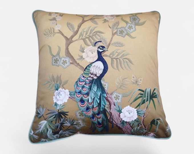 Luxurious Peacock Design Satin Pillowcase - Blue Velvet and Piping