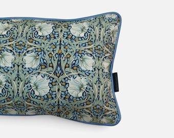 William Morris Pimpernel Cushion Cover - Light Blue Piping, Dark Blue Velvet Back