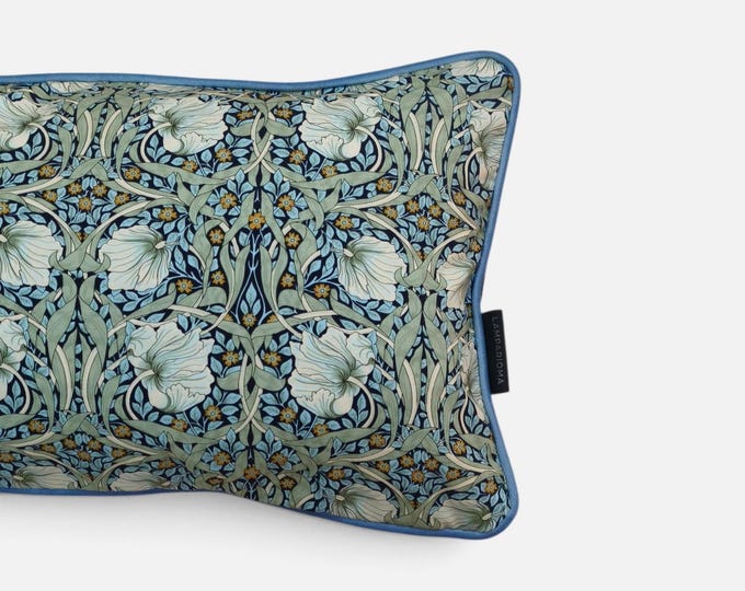 William Morris Pimpernel Cushion Cover - Light Blue Piping, Dark Blue Velvet Back
