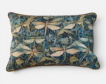Art Nouveau Dragonfly Pillow Cases with Mustard Piping & Blue Velvet Back