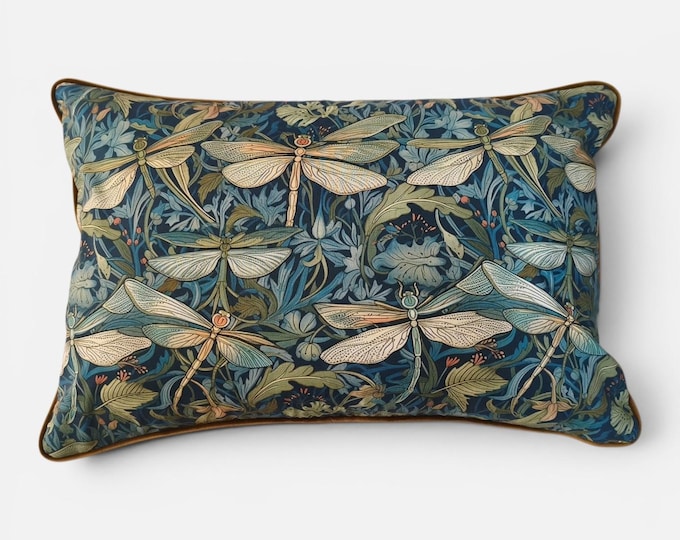 Dragonfly Cushion Cover - Art Nouveau Velvet Pillow Case with Mustard Piping, Blue Luxury Sofa Throw Pillow