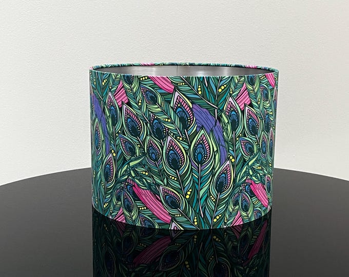 Green Lampshade with Peacock Feather Design - Handmade Lampshade for table lamp or pendant