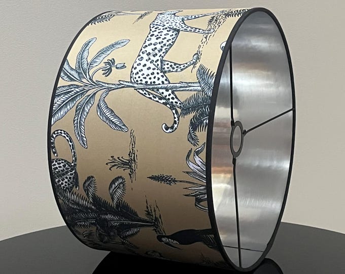 Tropical Jungle Theme Lampshade with Gold Background And Black Ribbon - Available as a lamp base or pendant