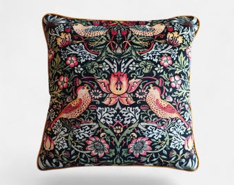 Handmade William Morris Strawberry Thief Cushion Cover with Gold Velvet Piping & Red Backing