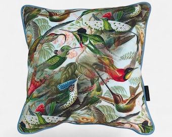 Hummingbird Design Pillowcases with Luxurious Hazelnut Velvet & Blue Trim