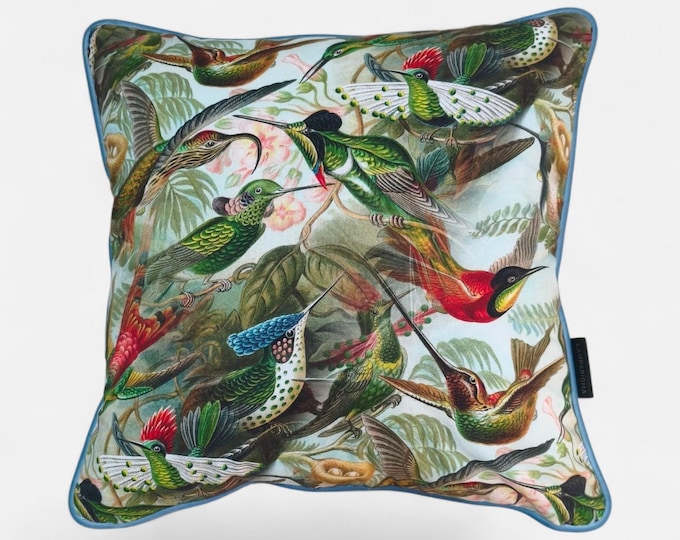 Hummingbird Design Pillowcases with Luxurious Hazelnut Velvet & Blue Trim