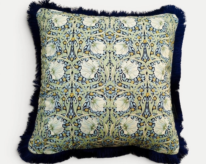 William Morris Pimpernel Pillow Cover – Fluffy Green Floral, Blue Fringe, Mint Velvet Back