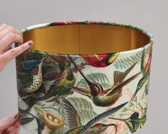 Handcrafted Oval Lampshade | Velvet Hummingbirds & Elegant Gold Lining
