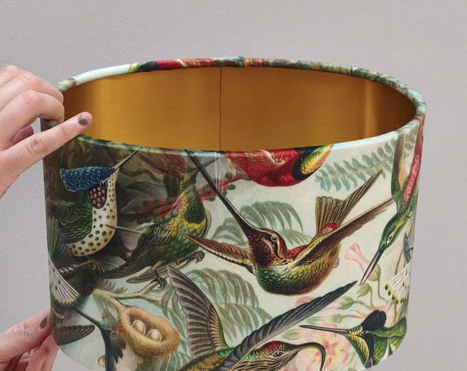 Handcrafted Oval Lampshade | Velvet Hummingbirds & Elegant Gold Lining