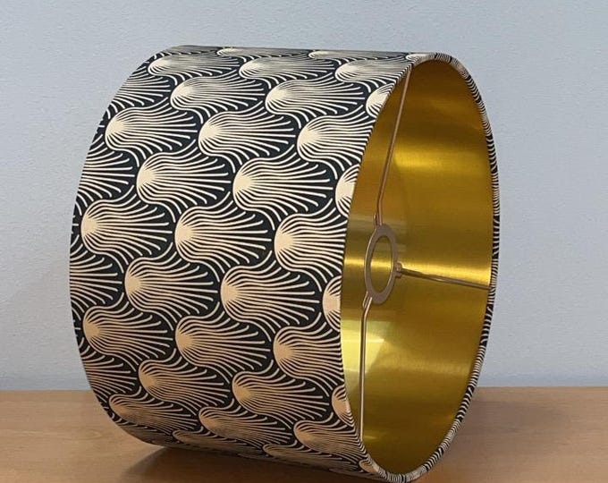 Art Deco Lampshade with Gold Pattern on Black Background - Elegant Home Decor