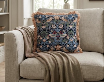 Handmade Blue William Morris Strawberry Thief Pillowcase with Luxurious Beige Fringe
