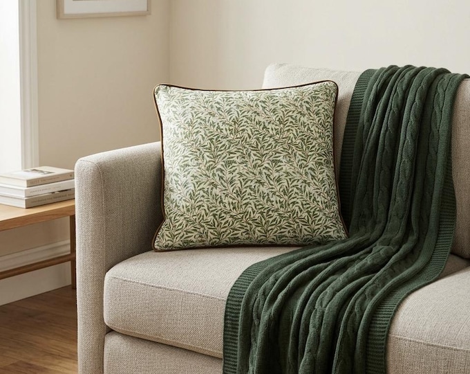 Elegant William Morris Pillow Cases | Green Willow Bough with Gold-Brown Trim & Mint Velvet