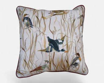 Handcrafted Beige Pillowcase with Heron Bird Design – Velvet Back & Piping