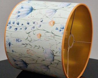 Handmade Floral Lampshade: Light Blue Flower Pattern, Orange Trim