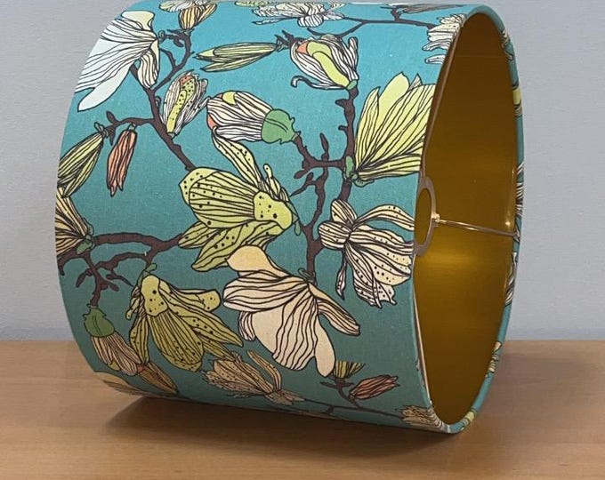 Luxury Handcrafted Lampshade with Colorful Flowers on Turquoise - LAMPARiOMA - Lampshade For Table Lamp or Pendant-