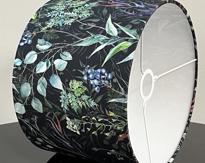 Handcrafted Lampshade with Botanical Pattern on Black Background - Lampshade For Table Lamp or Pendant