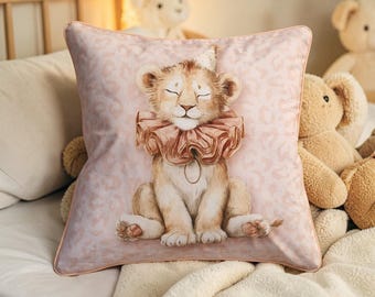 Personalized Charming Lion Cub Pink Pillowcase for Girls - Soft Peach Piping & Mauve Velvet Back