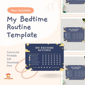 以下が含まれることがあります： 夜のタスクのチェックリストが付いた、濃い青色の「My Bedtime Routine Template」。テンプレートには、曜日を追跡するためのセクションが含まれています。「Now Available」という言葉はオレンジ色の楕円の中にあります。