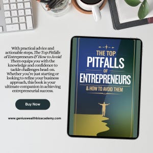 Puede incluir: Una portada de libro digital con un fondo azul y un gráfico amarillo, naranja y blanco de una persona de pie en un acantilado. El texto de la portada dice "The Top Pitfalls of Entrepreneurs & How to Avoid Them".