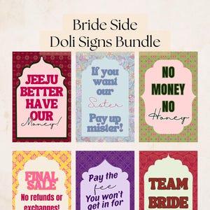 Puede incluir: Un conjunto de seis letreros coloridos con texto para una boda. Los letreros tienen varios diseños y colores, incluyendo rosa, verde, amarillo y morado. El texto incluye "Bride Side Doli Signs Bundle" y "TEAM BRIDE".