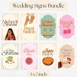 Puede incluir: Un conjunto de letreros de boda indios con varios diseños y texto. Los letreros incluyen "Mehndi Station", "Payal Station", "What Jhumka?", "Bangle Bar", "Chai Station", "Bindi Bar", "Jalebi Baby" y "Gajra for my girlies". Cada letrero mide 12,7 x 17,8 cm.
