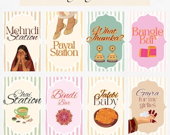 Może przedstawiać: Zestaw indyjskich znaków weselnych z różnymi wzorami i tekstem. Znaki obejmują "Mehndi Station", "Payal Station", "What Jhumka?", "Bangle Bar", "Chai Station", "Bindi Bar", "Jalebi Baby" i "Gajra for my girlies". Każdy znak ma wymiary 12,7 x 17,8 cm.