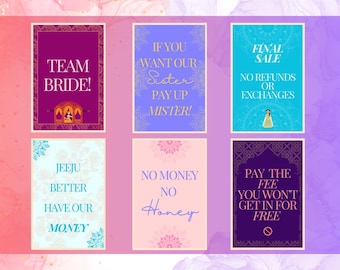 May include: Six colorful cards with decorative borders and text. The cards feature phrases like "Team Bride!" and "Pay the Fee You Won't Get In For Free".