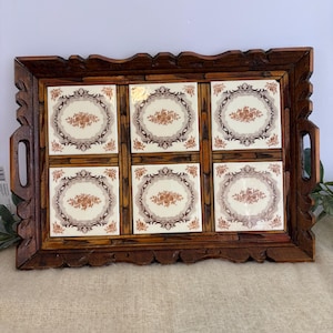 Hand carved wooden serving tray with tile inserts