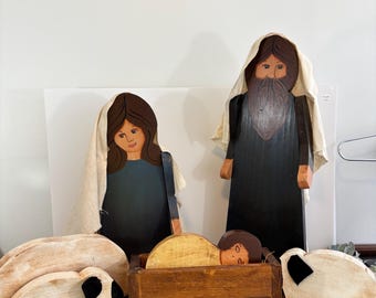 Handmade painted wood Nativity set 7 piece