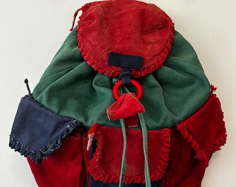 Colorblock Cotton Suede Leather Y2K Backpack green red blue