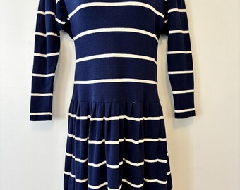 Elizabeth Navy Blue White Striped Drop Waist Dress Women Small