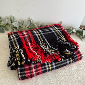 Troy Robe fringe wool blanket with case red and blue plaid