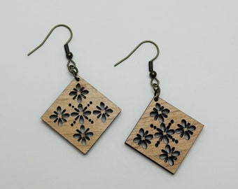 Square Geometric Pattern Wooden Earrings