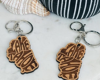 Lake Tahoe Keychain Wooden Souvenir Shape of Lake Tahoe Gift Keepsake Travel Accessory Custom Engraved Key Ring