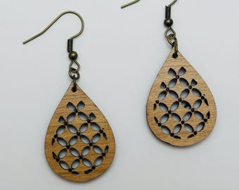 Teardrop Geometric Pattern Earrings - Cherry Hardwood and Hypoallergenic