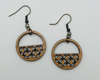 Wooden  Circle Earrings with Semi-Circle Geometric Pattern