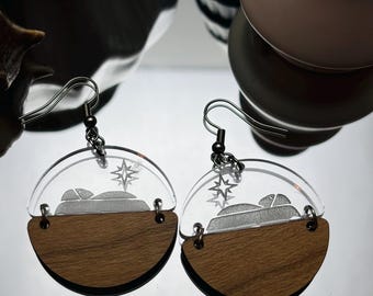 Nativity Circular Dangle Earrings – Cherry Wood & Acrylic with Engraved Manger Scene