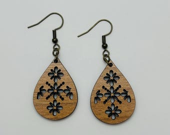 Teardrop Flower Geometric Earrings - Cherry Hardwood, Lightweight and Hypoallergenic