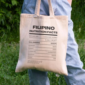 Unique Gift Unisex Filipino Nutritional Facts Label Tote bag, Pinoy Heritage, Pinoy bag, Filipino traits, Funny Filipino tote, Tagalog