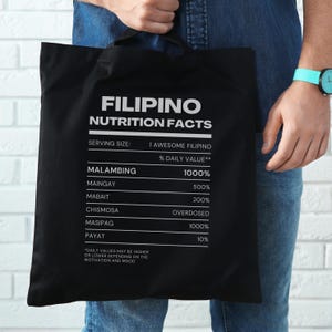 Unique Gift Unisex Filipino Nutritional Facts Label Tote bag, Pinoy Heritage, Pinoy bag, Filipino traits, Funny Filipino tote, Tagalog