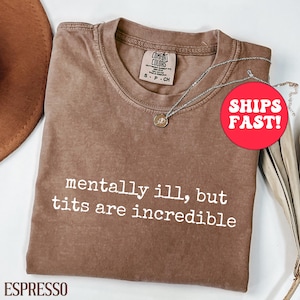 May include: Espresso-colored t-shirt with the text "mentally ill, but tits are incredible" in white. The shirt has a crew neck and a Comfort Colors tag. A silver necklace with a pendant is also visible.