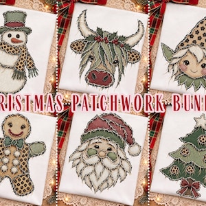 Puede incluir: Un conjunto de parches navideños con seis diseños bordados sobre tela blanca: un muñeco de nieve, una vaca highland, un gnomo, un hombre de jengibre, Santa Claus y un árbol de Navidad, con bordes deshilachados y estampado de leopardo.