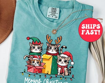 Chemise de Noël miaou Comfort Colors, t-shirt à motif chaton Holiday