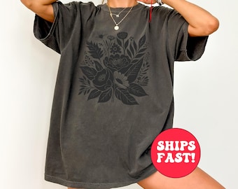 Vintage Linocut Flower T-Shirt: Retro Botanical Comfort Colors Tee