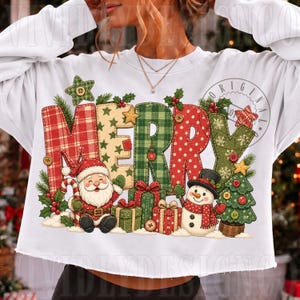 Preppy God Jul PNG, Patchwork Holiday PNG, Sydd Jultomte PNG, Rutiga Bokstäver PNG, Vinter PNG, Faux Broderi PNG, Rutig, Stjärnor