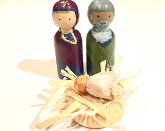 Holy Family: Hand painted wooden 2.6”peg doll Nativity. Designs vary slightly. Shepherd, Magi, Stable, angel(s) animals in other listing.