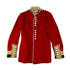 May include: A red military jacket with gold and black trim on the cuffs and collar. The jacket has a high collar, a row of silver buttons down the front, and white piping along the edges. The sleeves are long.