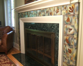 fireplace tile with leaf tiles custom available botanical woodland Arts and Crafts Style rustic cabin bungalow